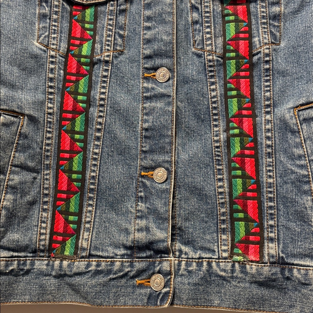 Upcycled Levi's Embellished Blue Denim Jacket with Lace and Gold Leaf Accents XS - Picture 10 of 12